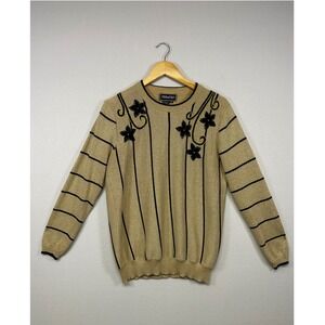 Vintage Chic Terazzo Womens Medium Gold Metallic Striped Floral Embroidered Top
